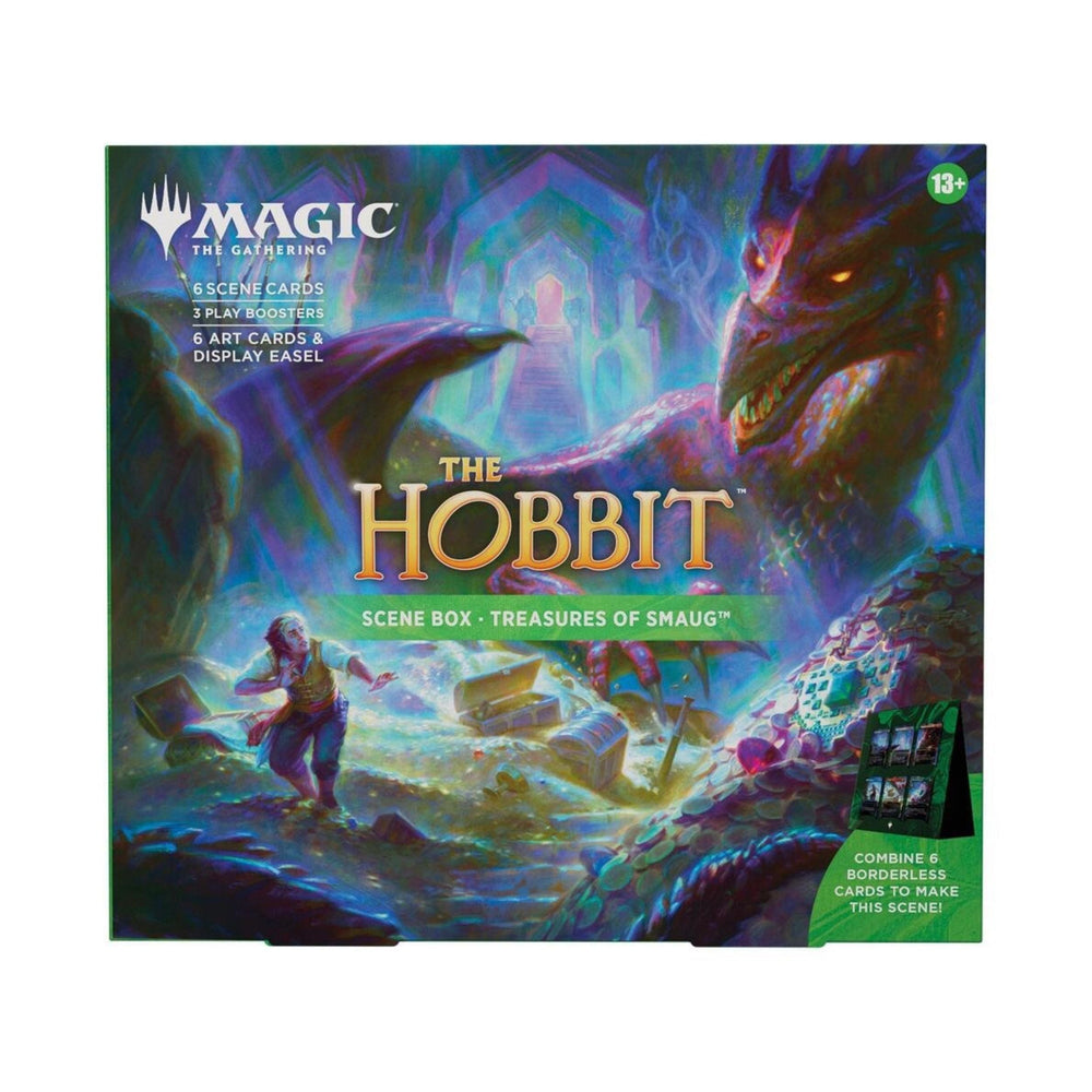 Magic: The Gathering The Hobbit Treasures of Smaug Scene Box (HOB) | 3 Play Boosters, 6 Foil Borderless Scene Cards, 6 Art Cards & Display Easel | Middle-earth Collectible Card Set